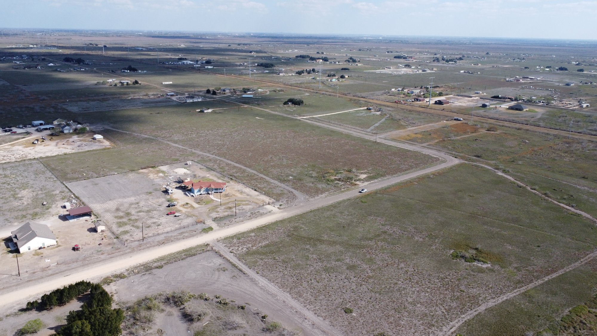 Aerial drone view of Angel Ln acreage in Green Valley Farms, San Benito TX