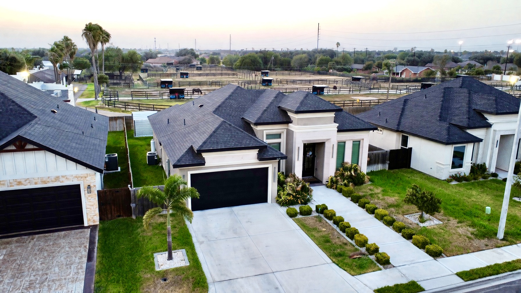 Aerial view of the home and neighborhood